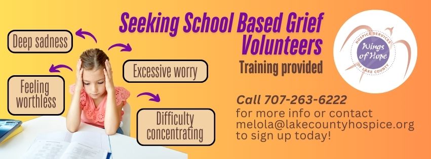 Hospice services of lake county is seeking volunteers for our school-based grief counseling program. Join Wings of Hope today to help students who are experiencing grief, or showing the following signs of grief: Deep sadness, excessive worry, feeling worthless, or difficulty concentrating. Refer a student to us, sign up to volunteer, or call for more info to 707-263-6222 or contact melola@lakecountyhospice.org!