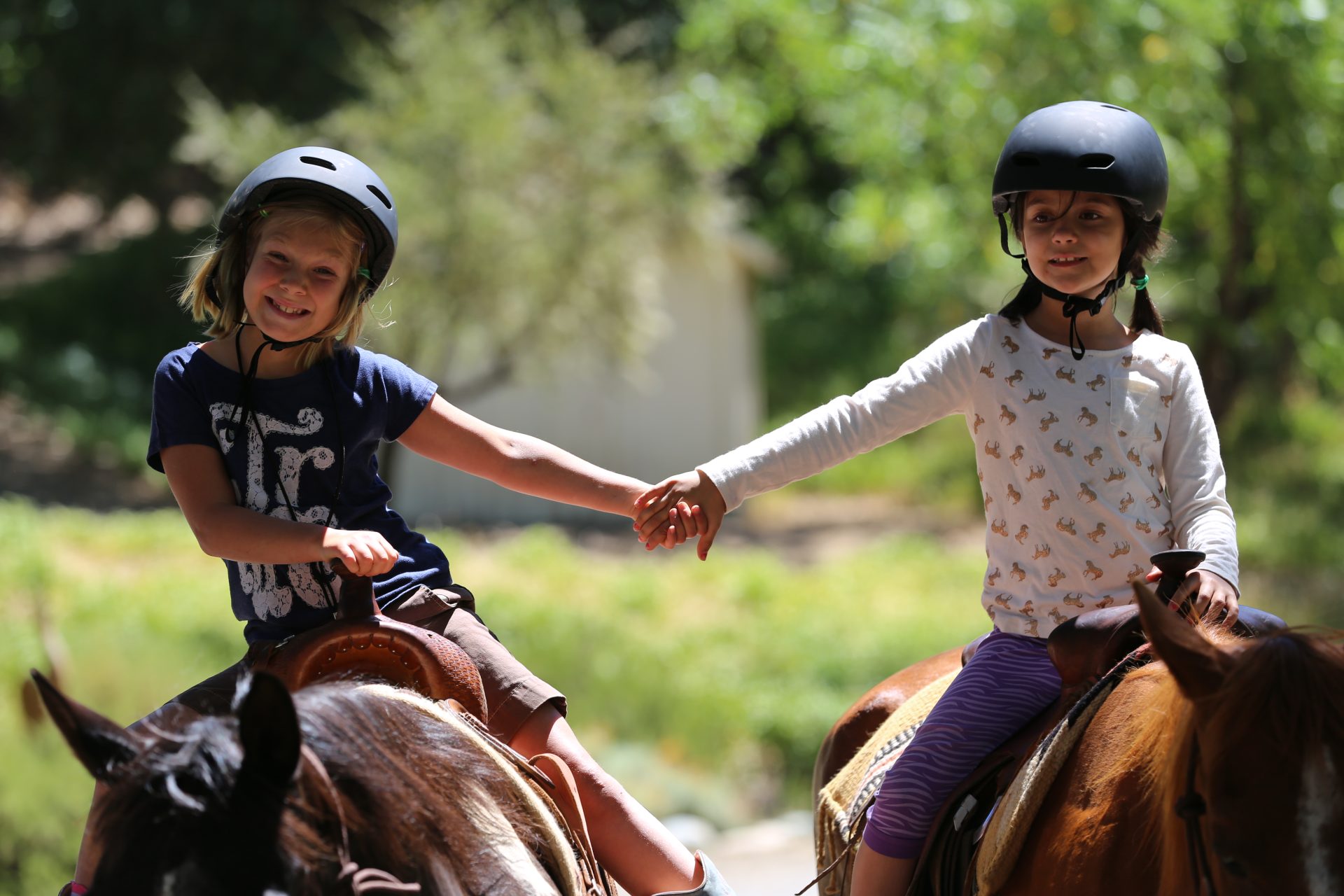 two grief camp participants riding horses side by side holding hands forming a heart