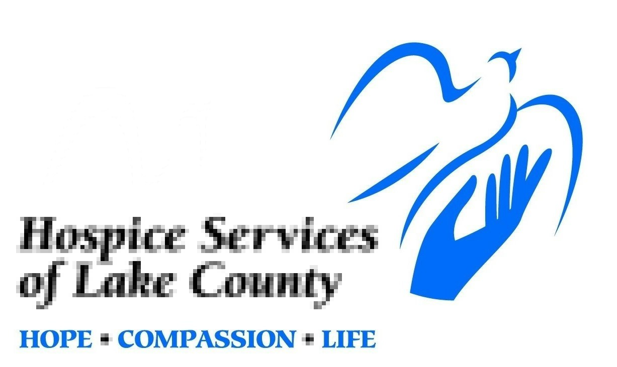 Logo of Hospice Services of Lake County including a dove flying to the right out of an open hand and the words "Hope Compassion Life" underneath