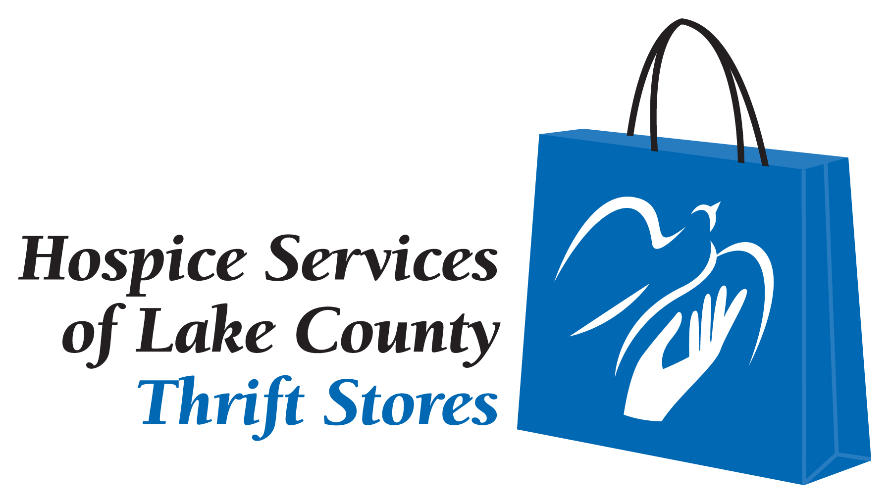 Hospice Services of Lake County Thrift Stores Logo with a Shopping bag in blue with the logo of a dove flying towards the right out of an open hand