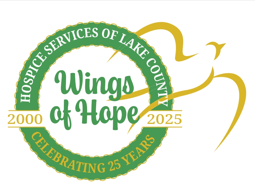 Wings of Hope 25 year commemorative logo in green with the words Wings of Hope in the center surrounded by a circle with text that says Hospice Services of Lake County and Celebrating 25 Years as well as the years 2000 and 2025. The logo features a yellow line art dove flying towards the right.